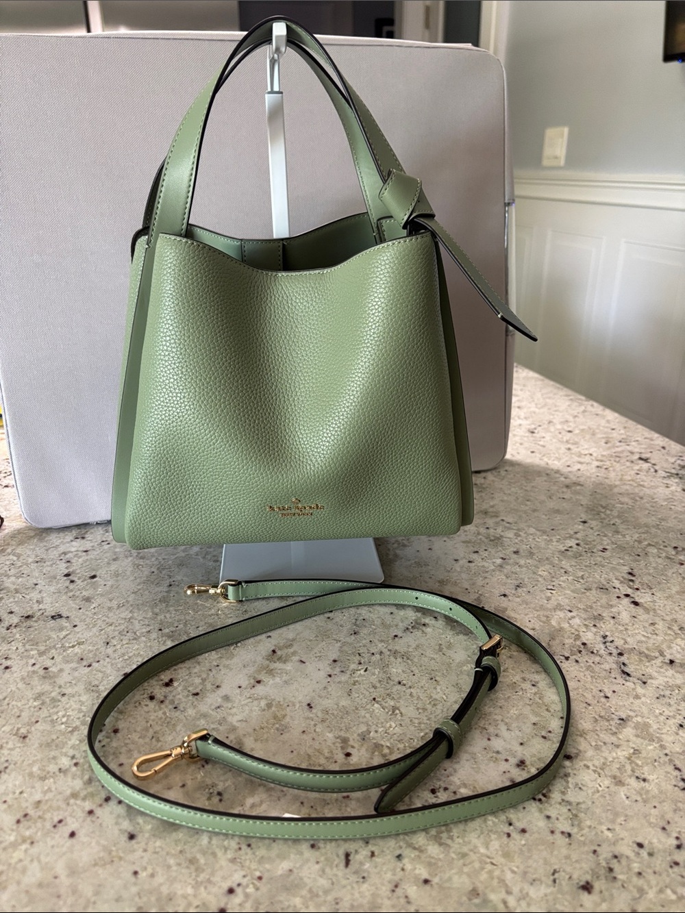 kate spade sage green pebbled leather bucket bag with detachable strap